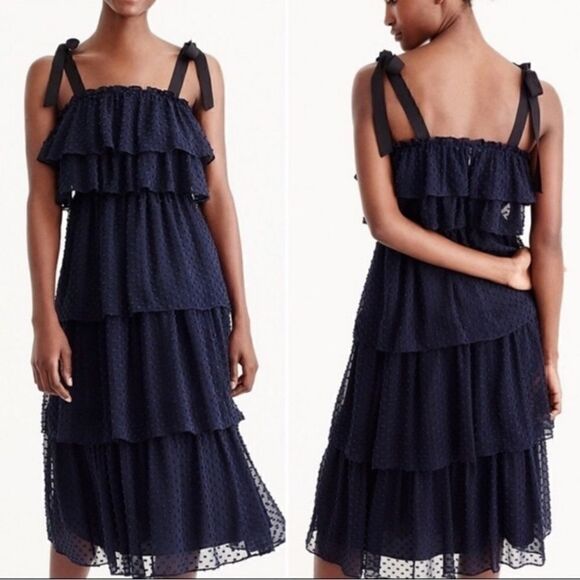 J. Crew Clip Dot Silk Blend Tie Shoulder Straps Tiered Dress Navy Blue Size 12 - Picture 1 of 7